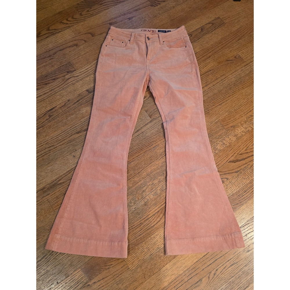 Grace in LA Easy Fit Peach Pink Corduroy Flare Leg Pants Size 28 RN139056